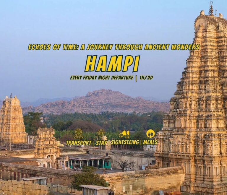 Hampi tour package details. Virupaksha temple in the backdrop.
