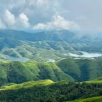 Trail path on Gangadikal Trek surrounded by vibrant flora, leading toward the mountain peak of chikmagalur.