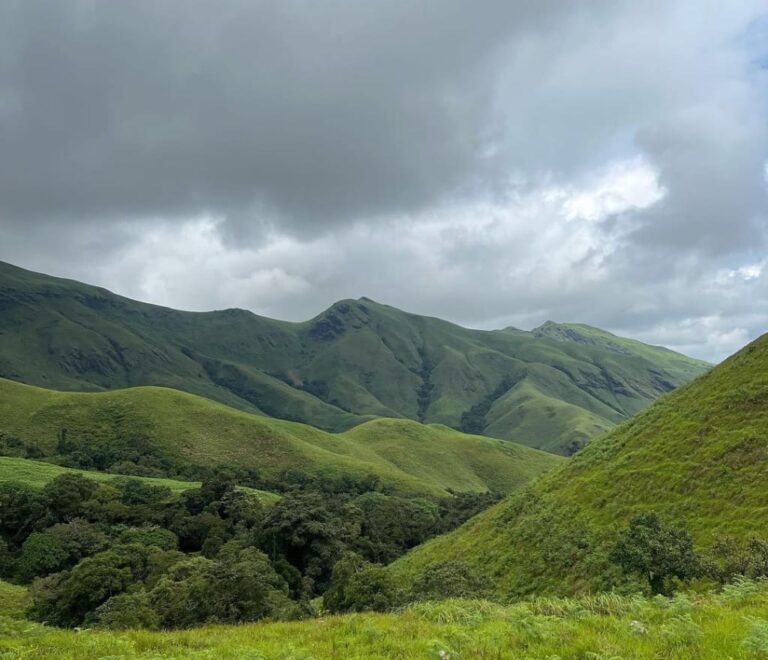 Scenic view of the Kudremukha peak in Karnataka's Western Ghats, featuring rolling green hills, mist-covered valleys, and dense forests during a trek